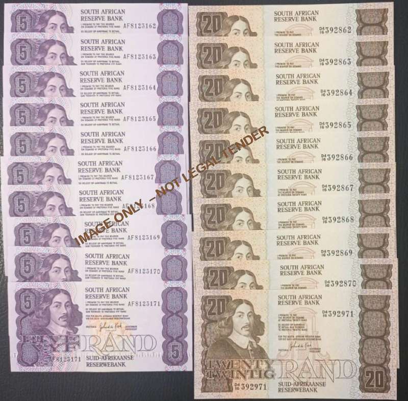 FIVE RAND  & TWENTY RAND UNC GPC DE KOCK  BANKNOTES X 20 - In Series