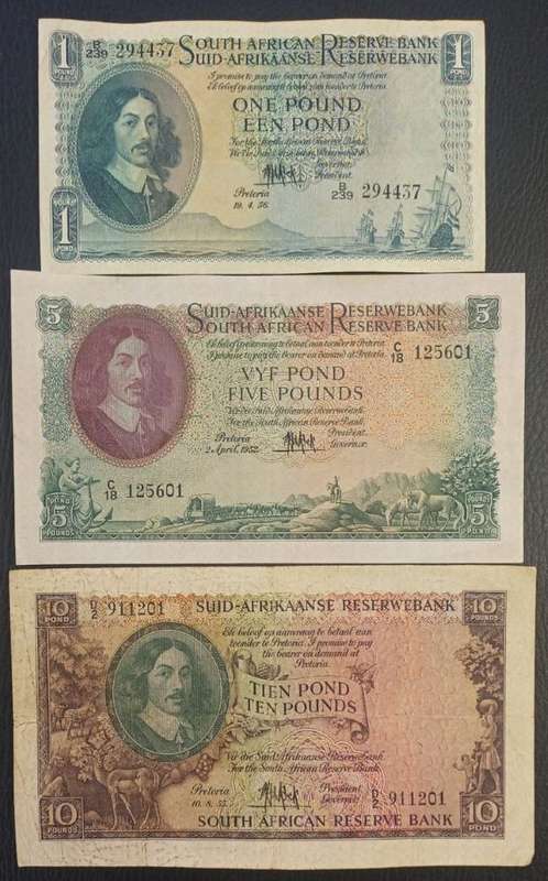 MH DE KOCK ONE POUND, FIVE POUNDS AND TEN POUNDS NOTES