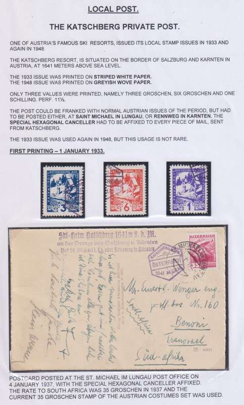 AUSTRIA 1937 KATSCHBERG LOCAL POST STAMPS & POSTCARD - UNUSUAL!
