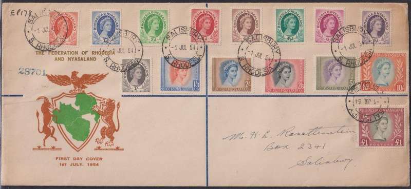 RHODESIA & NYASALAND 1954 DEFINITIVES FDC CV R1300