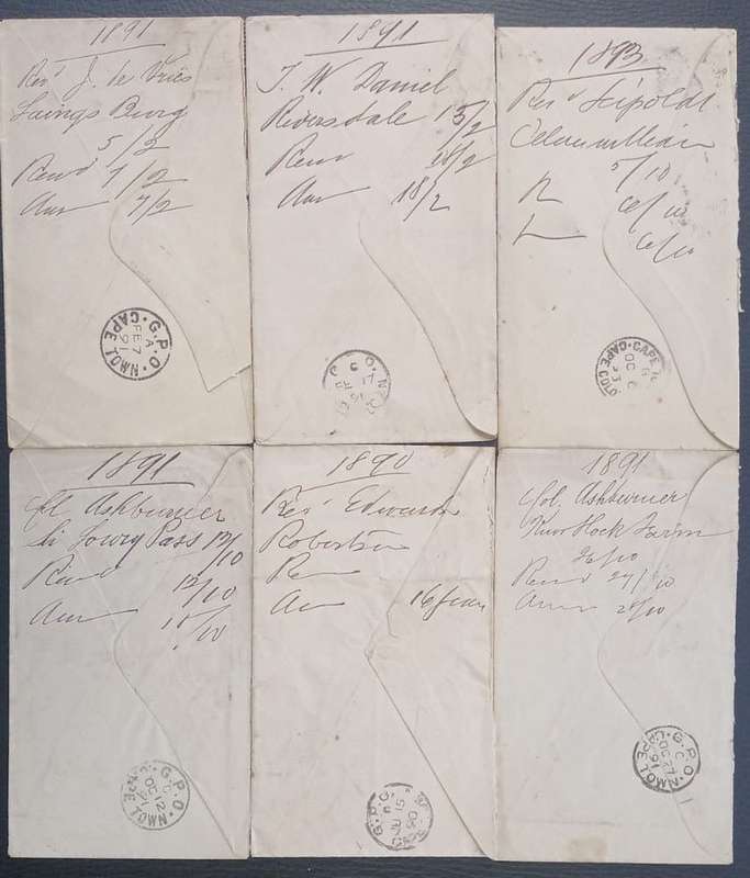COGH 1890/1 COVERS- SIR LOWRYS, LAINGSBURG, ROBERTSON, RIVERDALE & OTHERS