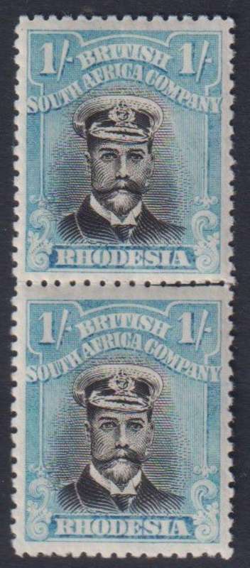 RHODESIA - BSAC 1913 1/- ADMIRAL PAIR DIE 111 BLACK & LIGHT BLUE UM
