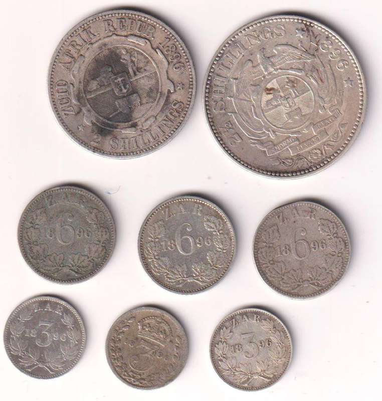 1896 ZAR Coin Collection - 8 coins -  3 x3d,  3 x 6d, , 2 shillings and 2/6 shillings