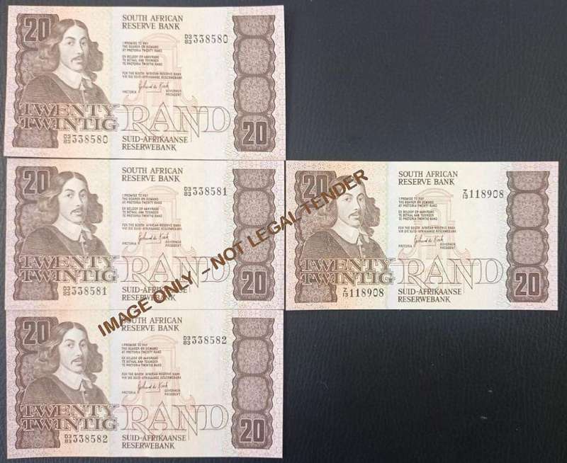TWENTY RAND UNC GPC DE KOCK  BANKNOTES X 3 IN SERIES - And One Replacement Note