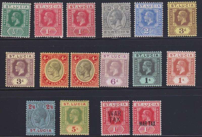 ST LUCIA 1912 KGV INCL WAR TAX HINGED MINT CV £100