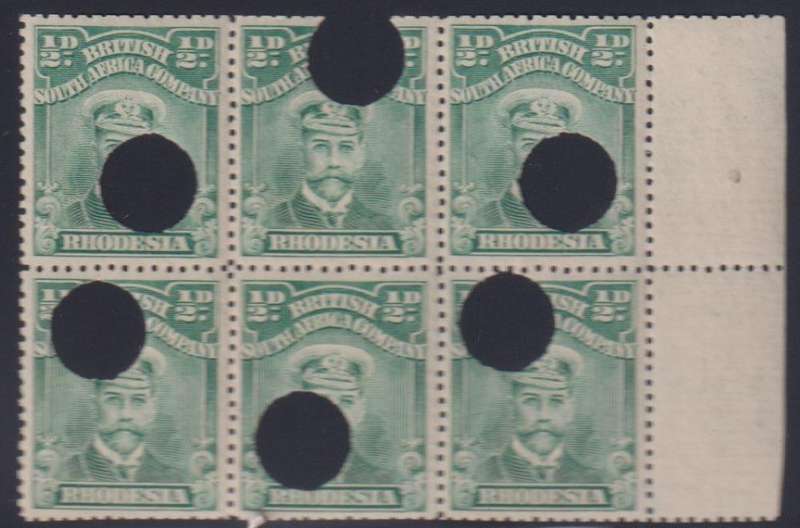 RHODESIA 1913 1/2d ADMIRAL PRINTER'S FILE COPY BLOCK OF 6