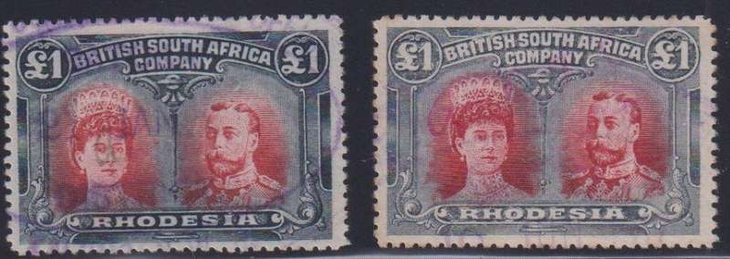 RHODESIA 1910  £1 DOUBLE HEADS FISCALLY USED - SG 166/166a