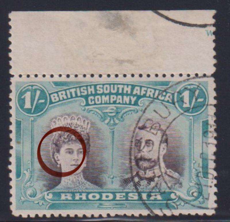 RHODESIA 1910 1/- DOUBLE HEAD "GASH IN EAR" SUPERB USED SACC 152a