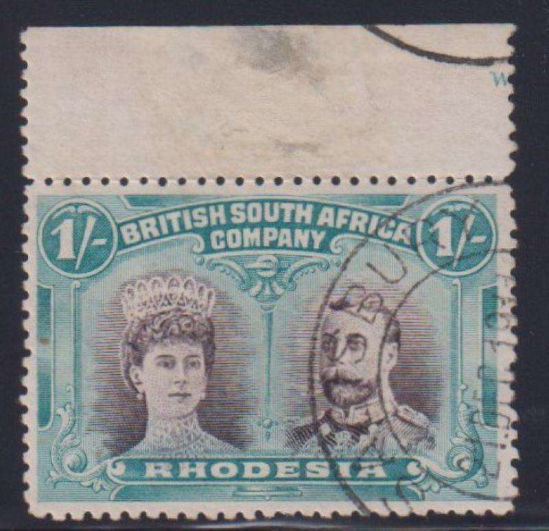 RHODESIA 1910 1/- DOUBLE HEAD "GASH IN EAR" SUPERB USED SACC 152a