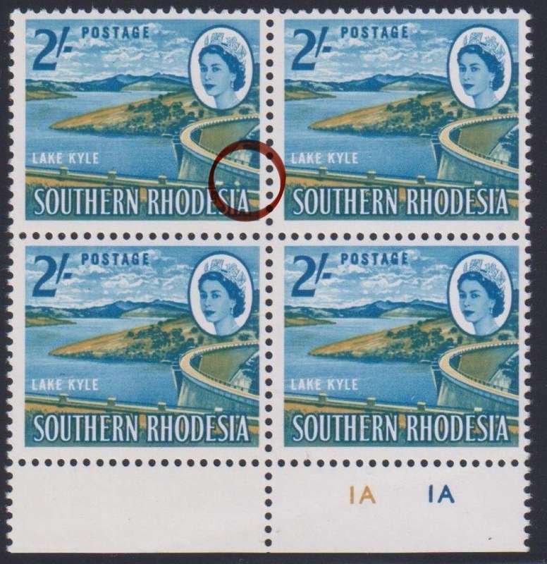 SOUTHERN RHODESIA 1964 2/- DEFIN  "PARAPET FLAW" IN BLOCK  UM