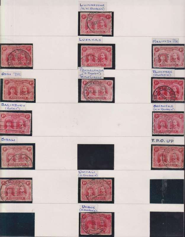 RHODESIA-BSAC 1910 1d DOUBLE HEADS FANTASTIC LOT OF CANCELLATIONS