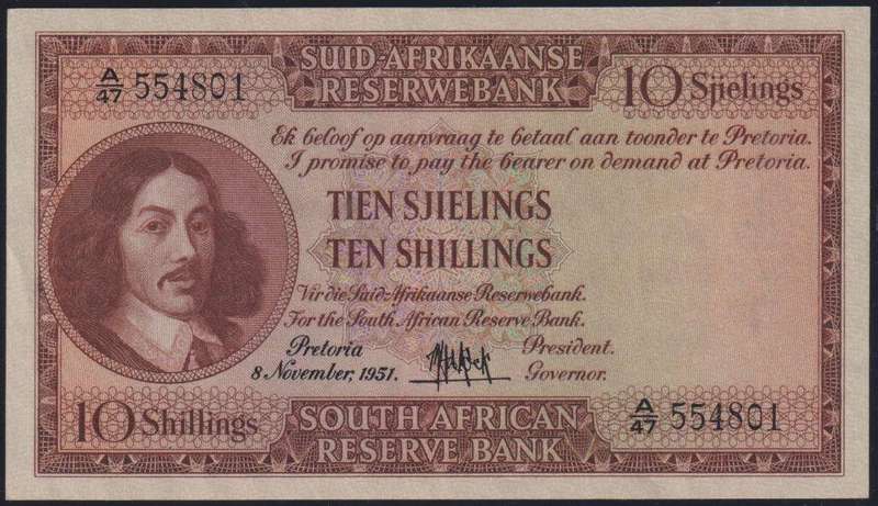 SOUTH AFRICA 1951 TEN SHILLING DE KOCK   BANKNOTE UNCIRCULATED