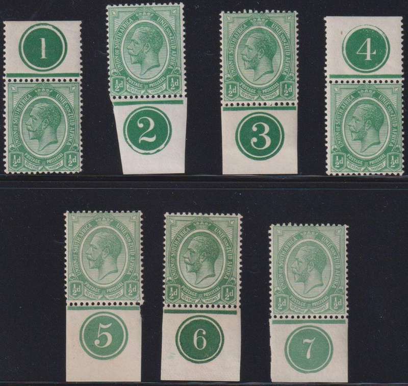 SA 1913 1/2d CONTROL SINGLES #1-7 MINT