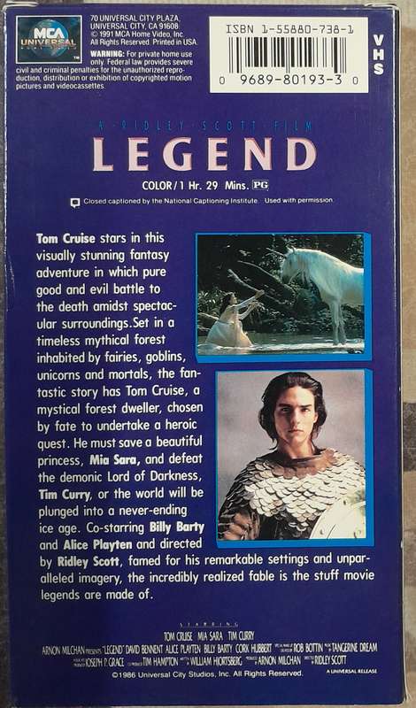 Legend VHS (NTS format) Tom Cruise, Mia Sara, Tim Curry
