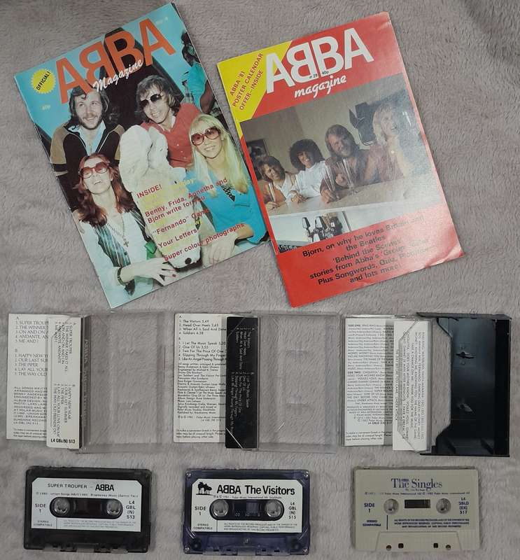 ABBA - Bundle of 3 cassettes and 2 Official Magazines (Super Trouper, The Visitors, The Singles)