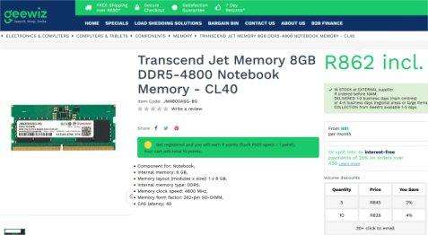 New Transcend 8GB DDR5 Notebook Memory (Retail R862)