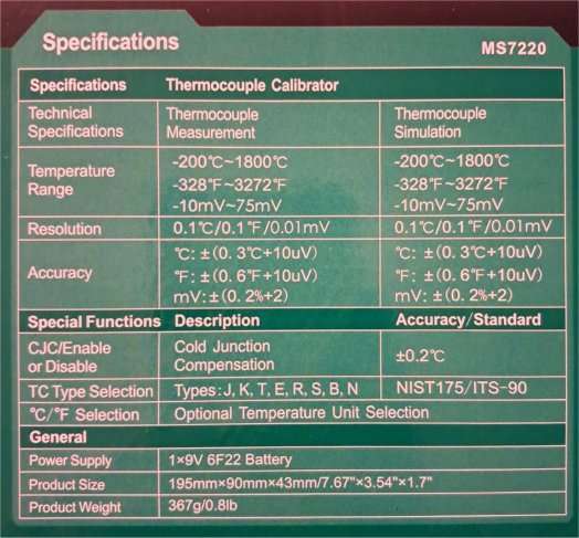 NEW MASTECH MS7220 THERMOCOUPLE CALIBRATOR