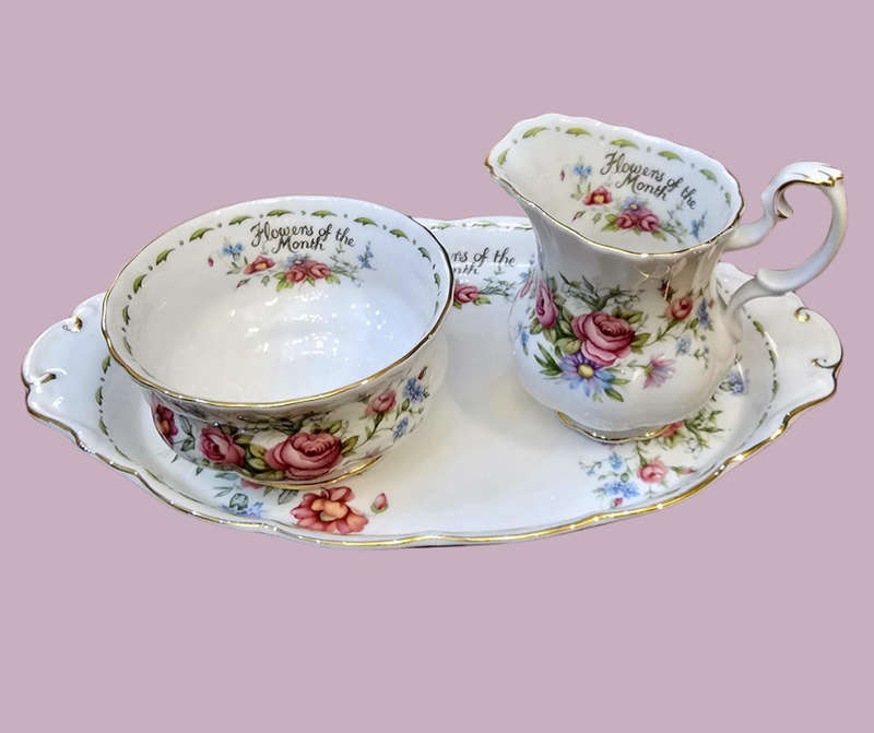 Royal Albert Flowers of the month - Small creamer, sugar bowl and tray