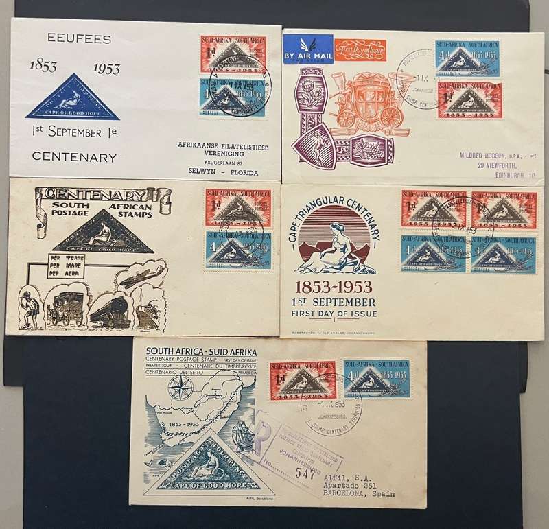 UNION OF SOUTH AFRICA 1953 CENTENARY POSTAGE STAMP - LOT OF FIVE DIFFERENT FDCs