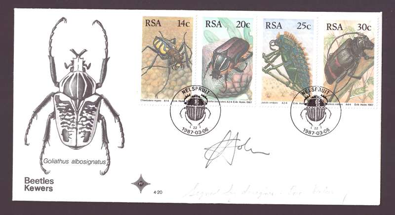 RSA 1987 FDC 4.20 BEETLES SIGNED BY THE STAMP DESIGNER ERIK HOLM