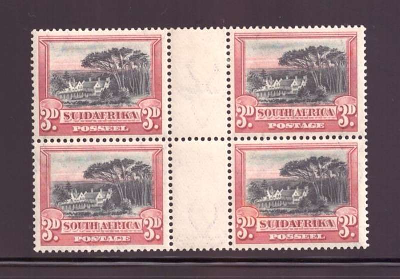 UNION OF SA 1927 3d BLACK AND RED SACC 34 - GUTTER BLOCK OF 4 - RARE!