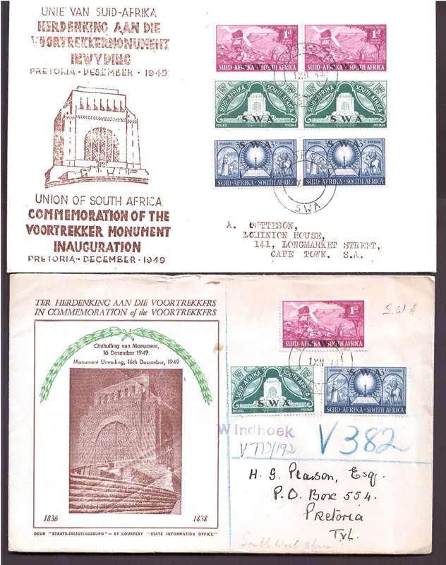 SWA 1949 VOORTREKKER MONUMENT - SET OF TWO ILLUSTRATED FIRST DAY COVERS