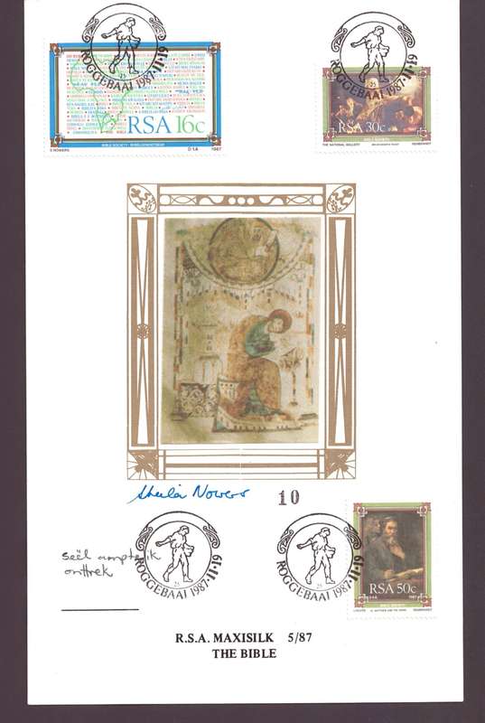 RSA 1987 BIBLE AND PAARL MAXISILK COVERS BOTH SIGNED BY STAMP DESIGNERS