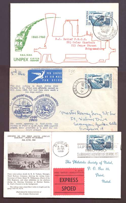 UNION OF SA 1960 CENTENARY OF RAILWAYS - THREE DIFFERENT ILLUSTRATED FDCs