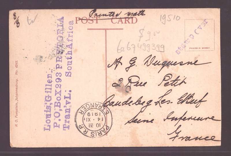 UNION OF SA 10 OCT 1919 POSTCARD / MAXICARD OF PAUL KRUGER - POSTALLY USED TO FRANCE