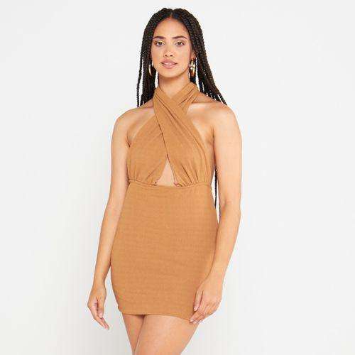 Ladies Neutral Front Wrap Cut Out Dress