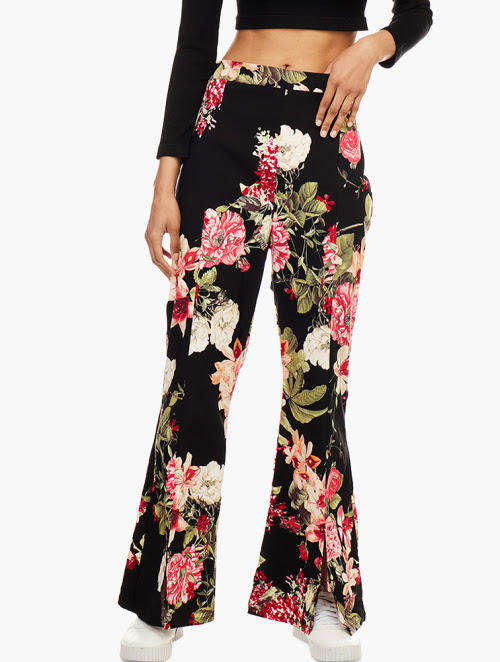 Black Floral Front Slit Hem Pants