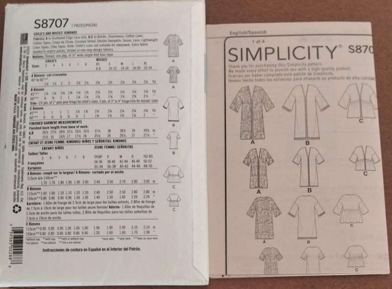 Simplicity S8707 Size 3-8 Years and XS-XL Uncut Factory Folded Sewing Pattern