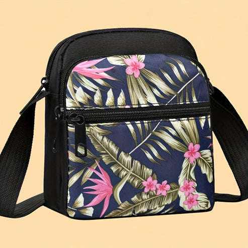 Women's Nylon Tropical Print Crossbody Bag Casual Mini Shoulder Bag with Zipper