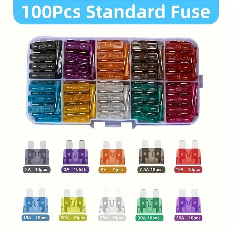 100 Piece Premium Medium Blade Automotive Fuse Combo Kit Universal Fit for Cars