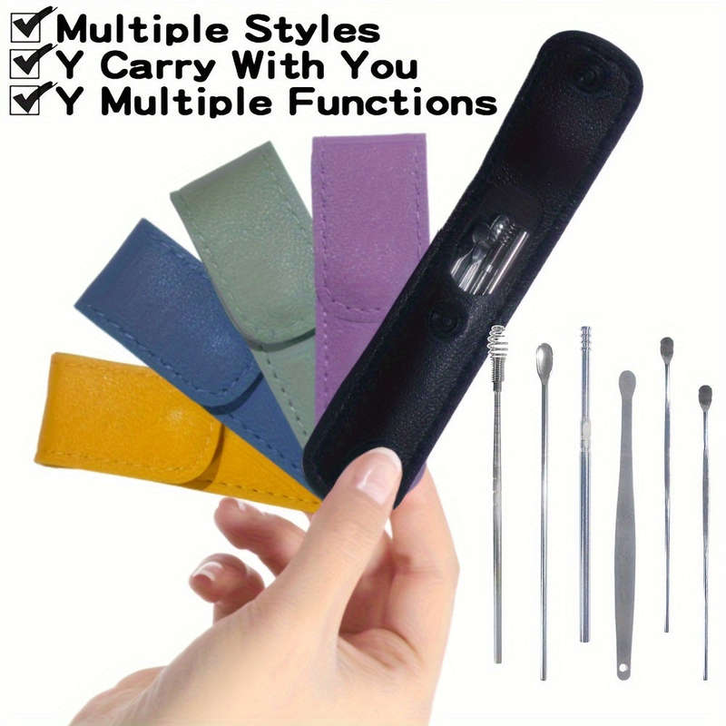 6 in 1 Stainless Steel Ear Wax Removal Tool Kit with PU Leather Case - Portable Ear Cleaner Set with