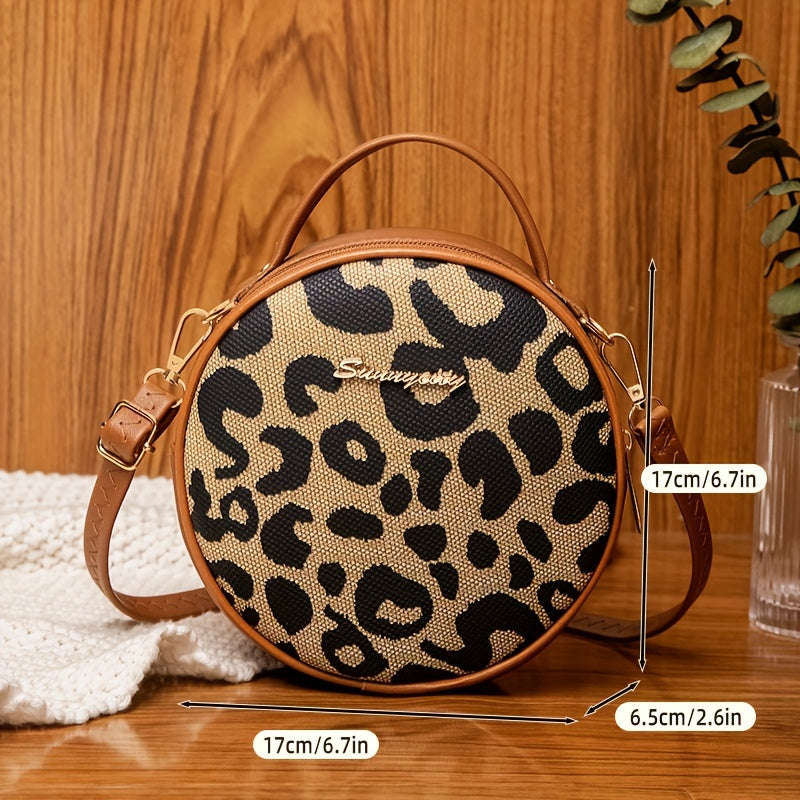 1pcs Girls Vintage Leopard Print Small Round Bag Cute Small Fashion Handbag Zipper Casual Shoulder