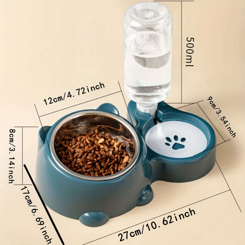 2 in 1 Pet Feeder with Automatic Drinking Fountain Non-slip Slanted Stainless Steel Cat and Dog Foo