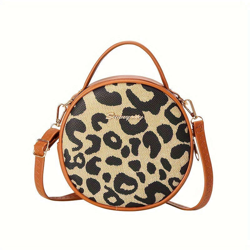 1pcs Girls Vintage Leopard Print Small Round Bag Cute Small Fashion Handbag Zipper Casual Shoulder