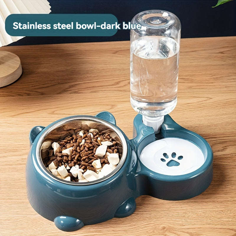 2 in 1 Pet Feeder with Automatic Drinking Fountain Non-slip Slanted Stainless Steel Cat and Dog Foo