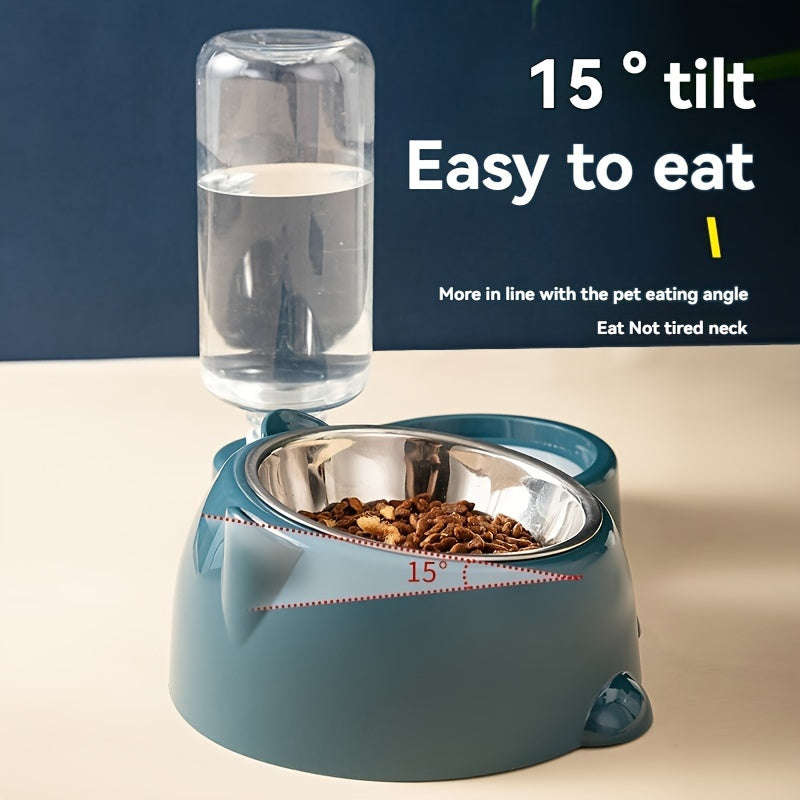 2 in 1 Pet Feeder with Automatic Drinking Fountain Non-slip Slanted Stainless Steel Cat and Dog Foo
