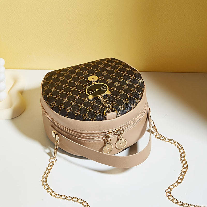 Girls Classic Fashion Diamond Letters Printed Round Crossbody Bag with Chain and Zipper Closure