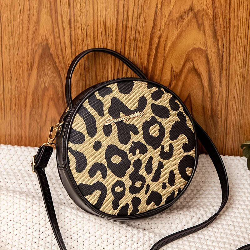 1pcs Girls Vintage Leopard Print Small Round Bag Cute Small Fashion Handbag Zipper Casual Shoulder