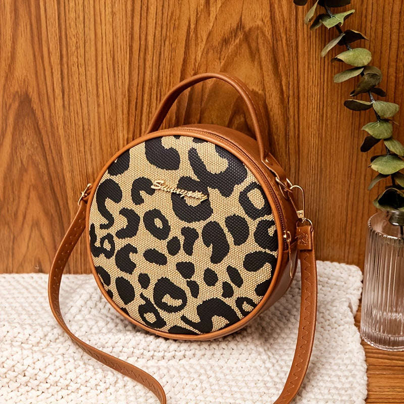 1pcs Girls Vintage Leopard Print Small Round Bag Cute Small Fashion Handbag Zipper Casual Shoulder
