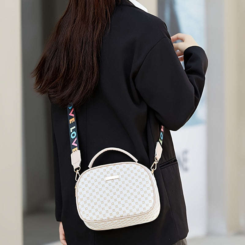 Girls Simple Fashion Diamond Letters Printed Crossbody Bag with Adjustable Shoulder Strap and Zipper