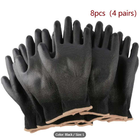 8pcs Durable Black Work Gloves Size L Non-Slip Tear-Resistant PU Coated Palm for Gardening Construct