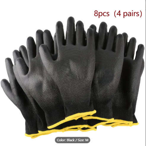 8pcs Durable Black Work Gloves Size M Non-Slip Tear-Resistant PU Coated Palm for Gardening Construct