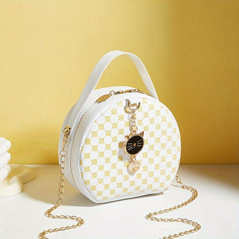 Girls Classic Fashion Diamond Letters Printed Round Crossbody Bag with Chain and Zipper Closure
