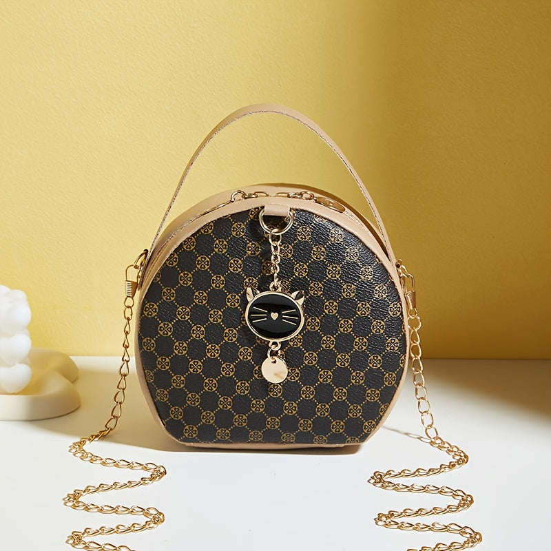 Girls Classic Fashion Diamond Letters Printed Round Crossbody Bag with Chain and Zipper Closure
