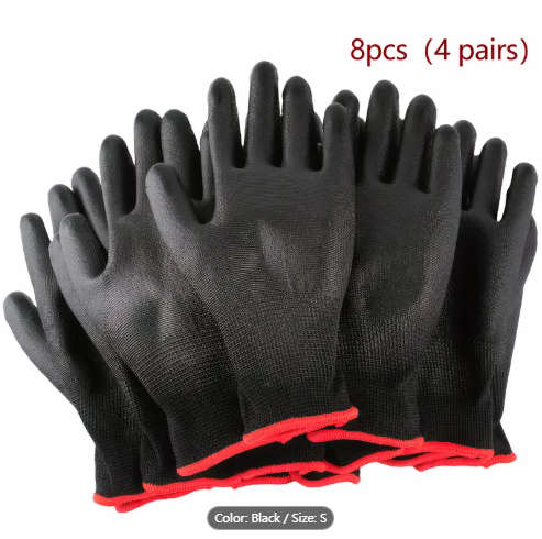 8pcs Durable Black Work Gloves Size S Non-Slip Tear-Resistant PU Coated Palm for Gardening Construct