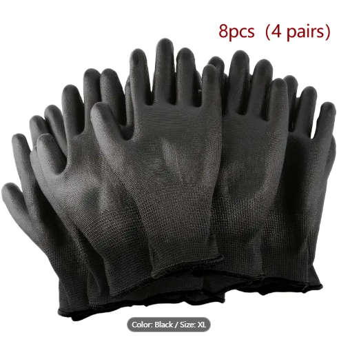 8pcs Durable Black Work Gloves Size XL Non-Slip Tear-Resistant PU Coated Palm for Gardening Construc
